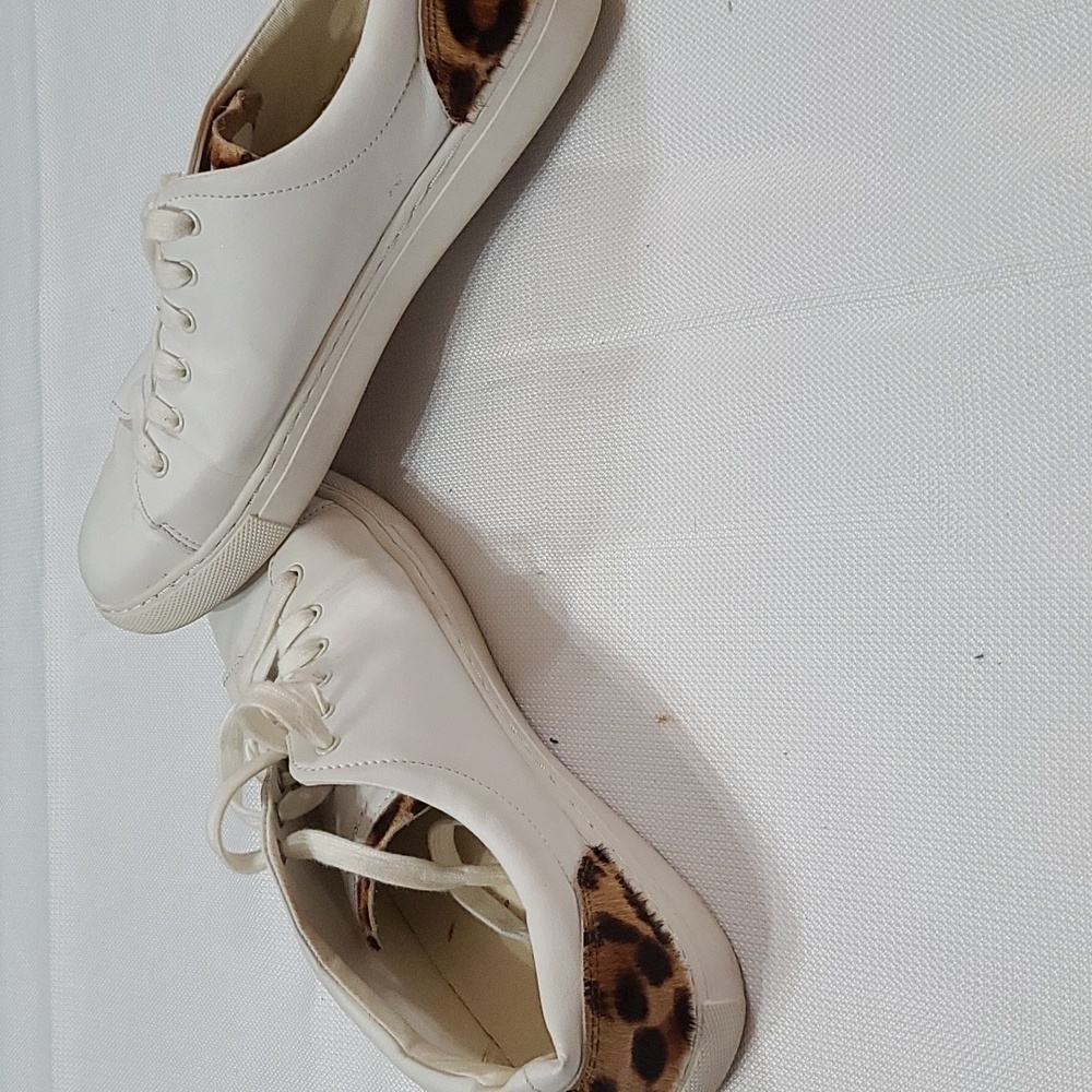 J Crew Factory Womens Sneakers Shoes White W/Cheetah Print Cow Hair Sz‎ 9.5 EUC - Picture 7 of 11